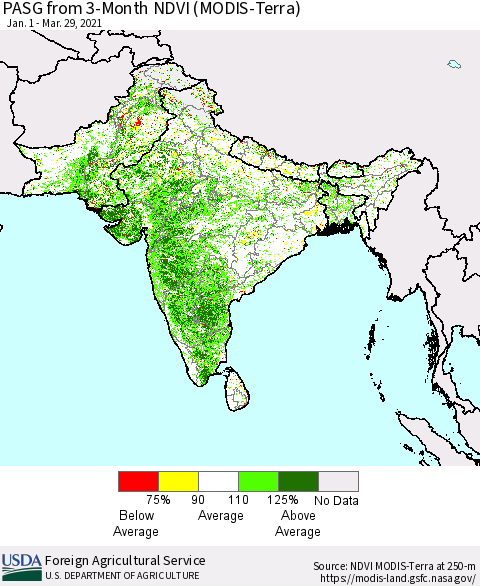 Southern Asia PASG from 3-Month NDVI (Terra-MODIS) Thematic Map For 3/21/2021 - 3/31/2021