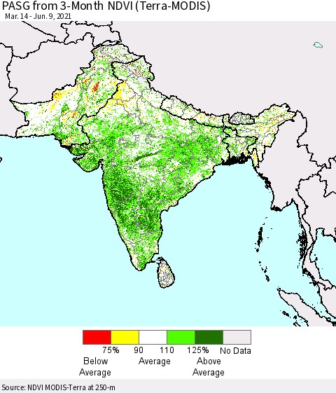 Southern Asia PASG from 3-Month NDVI (Terra-MODIS) Thematic Map For 6/2/2021 - 6/9/2021