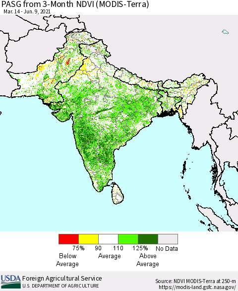 Southern Asia PASG from 3-Month NDVI (Terra-MODIS) Thematic Map For 6/1/2021 - 6/10/2021