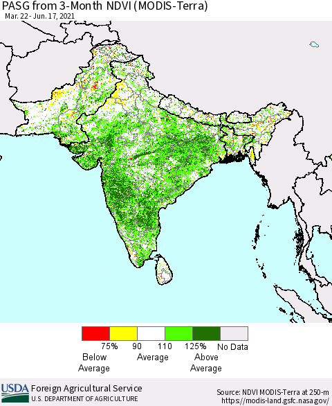 Southern Asia PASG from 3-Month NDVI (Terra-MODIS) Thematic Map For 6/11/2021 - 6/20/2021