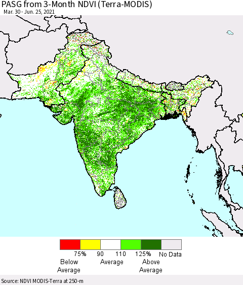 Southern Asia PASG from 3-Month NDVI (Terra-MODIS) Thematic Map For 6/18/2021 - 6/25/2021