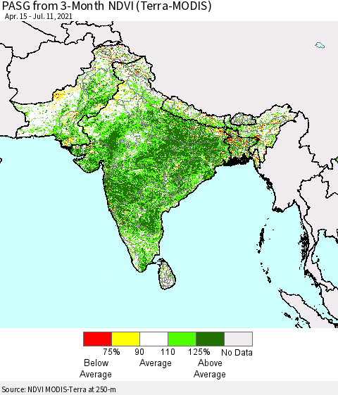 Southern Asia PASG from 3-Month NDVI (Terra-MODIS) Thematic Map For 7/4/2021 - 7/11/2021