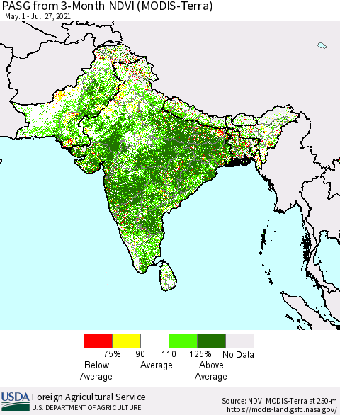 Southern Asia PASG from 3-Month NDVI (Terra-MODIS) Thematic Map For 7/21/2021 - 7/31/2021