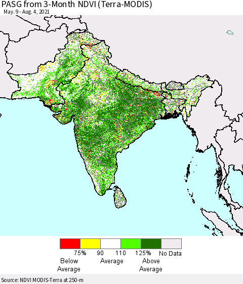 Southern Asia PASG from 3-Month NDVI (Terra-MODIS) Thematic Map For 7/28/2021 - 8/4/2021