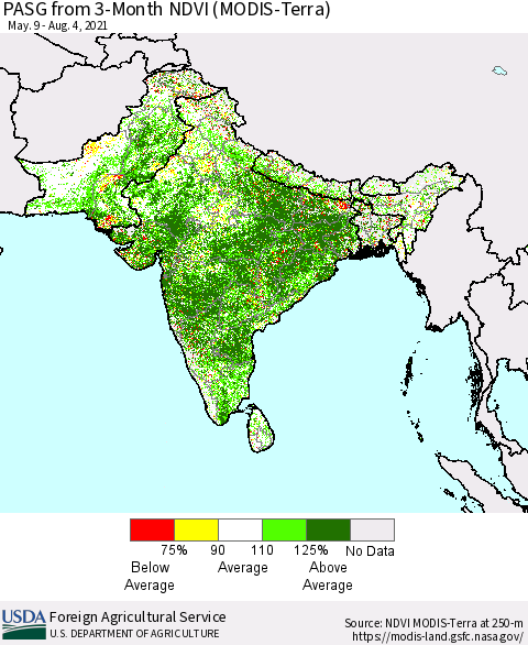 Southern Asia PASG from 3-Month NDVI (Terra-MODIS) Thematic Map For 8/1/2021 - 8/10/2021