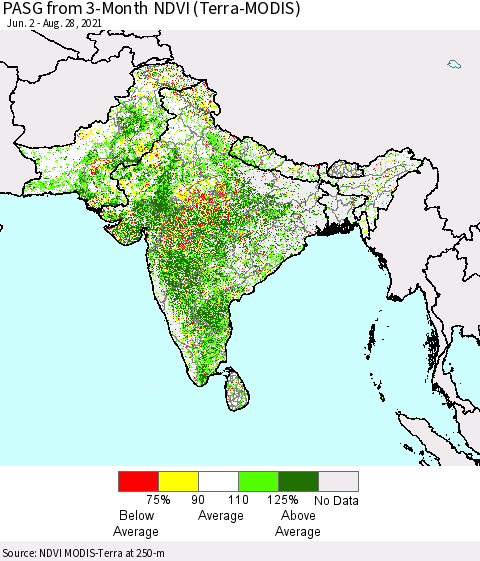 Southern Asia PASG from 3-Month NDVI (Terra-MODIS) Thematic Map For 8/21/2021 - 8/28/2021