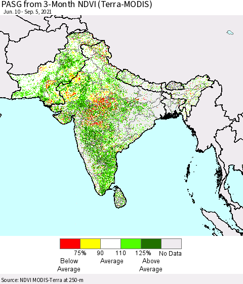 Southern Asia PASG from 3-Month NDVI (Terra-MODIS) Thematic Map For 8/29/2021 - 9/5/2021