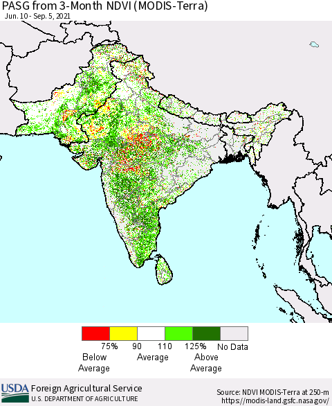 Southern Asia PASG from 3-Month NDVI (Terra-MODIS) Thematic Map For 9/1/2021 - 9/10/2021