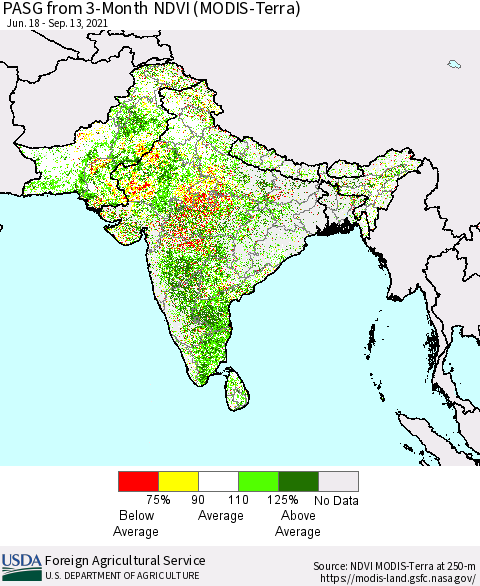 Southern Asia PASG from 3-Month NDVI (Terra-MODIS) Thematic Map For 9/11/2021 - 9/20/2021