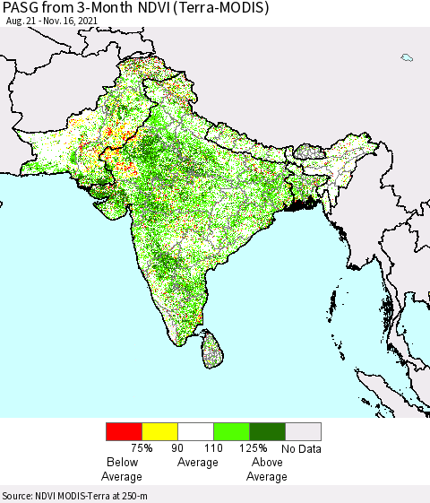 Southern Asia PASG from 3-Month NDVI (Terra-MODIS) Thematic Map For 11/9/2021 - 11/16/2021