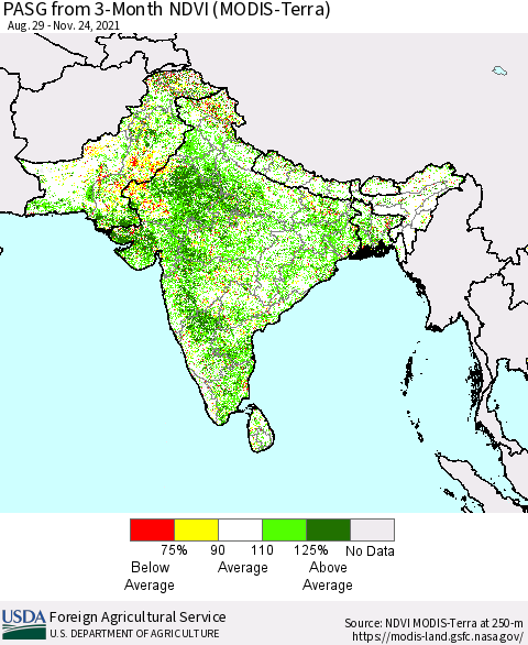 Southern Asia PASG from 3-Month NDVI (MODIS-Terra) Thematic Map For 11/21/2021 - 11/30/2021