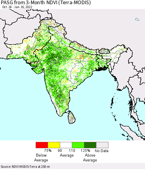 Southern Asia PASG from 3-Month NDVI (Terra-MODIS) Thematic Map For 1/9/2022 - 1/16/2022