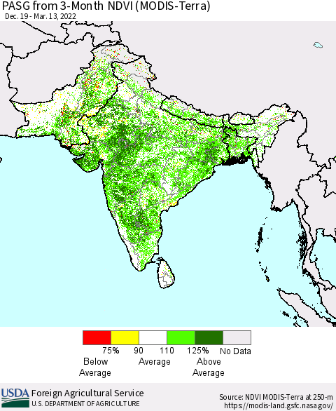 Southern Asia PASG from 3-Month NDVI (Terra-MODIS) Thematic Map For 3/11/2022 - 3/20/2022