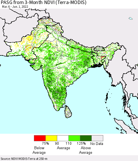 Southern Asia PASG from 3-Month NDVI (Terra-MODIS) Thematic Map For 5/25/2022 - 6/1/2022