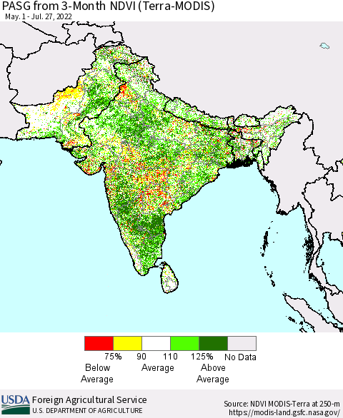 Southern Asia PASG from 3-Month NDVI (Terra-MODIS) Thematic Map For 7/21/2022 - 7/31/2022