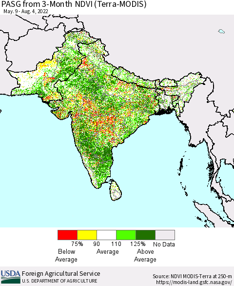 Southern Asia PASG from 3-Month NDVI (Terra-MODIS) Thematic Map For 8/1/2022 - 8/10/2022