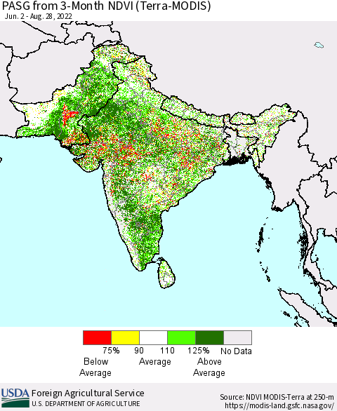 Southern Asia PASG from 3-Month NDVI (Terra-MODIS) Thematic Map For 8/21/2022 - 8/31/2022