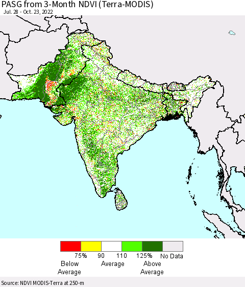 Southern Asia PASG from 3-Month NDVI (Terra-MODIS) Thematic Map For 10/16/2022 - 10/23/2022