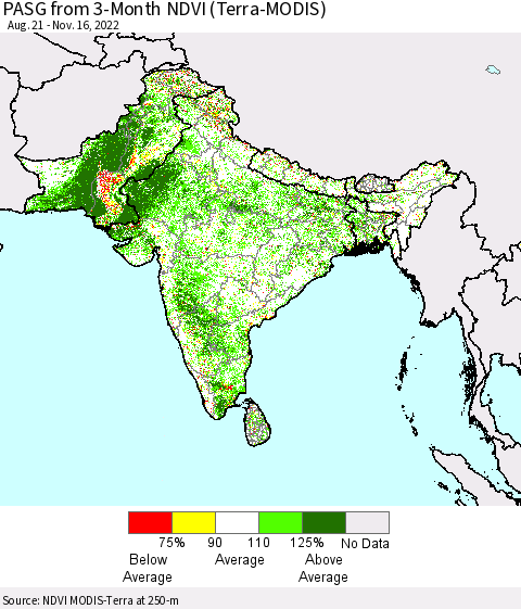 Southern Asia PASG from 3-Month NDVI (Terra-MODIS) Thematic Map For 11/9/2022 - 11/16/2022