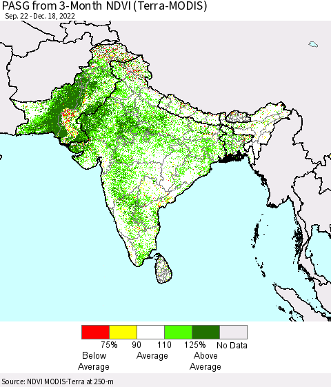 Southern Asia PASG from 3-Month NDVI (Terra-MODIS) Thematic Map For 12/11/2022 - 12/18/2022