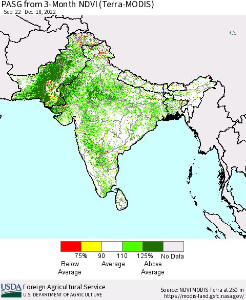 Southern Asia PASG from 3-Month NDVI (Terra-MODIS) Thematic Map For 12/11/2022 - 12/20/2022