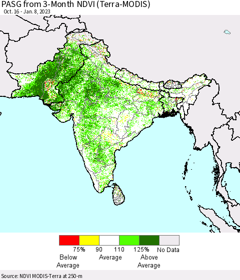 Southern Asia PASG from 3-Month NDVI (Terra-MODIS) Thematic Map For 1/1/2023 - 1/8/2023