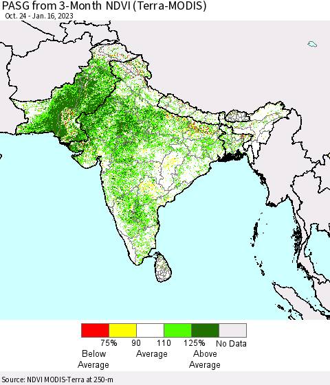 Southern Asia PASG from 3-Month NDVI (Terra-MODIS) Thematic Map For 1/9/2023 - 1/16/2023