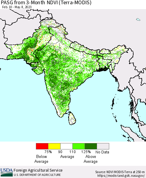 Southern Asia PASG from 3-Month NDVI (Terra-MODIS) Thematic Map For 5/1/2023 - 5/10/2023