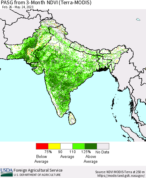 Southern Asia PASG from 3-Month NDVI (Terra-MODIS) Thematic Map For 5/21/2023 - 5/31/2023