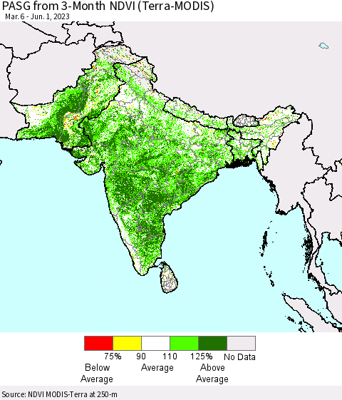Southern Asia PASG from 3-Month NDVI (Terra-MODIS) Thematic Map For 5/25/2023 - 6/1/2023
