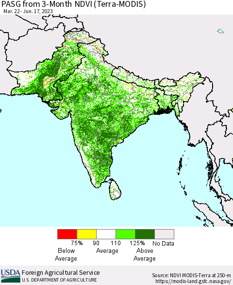 Southern Asia PASG from 3-Month NDVI (Terra-MODIS) Thematic Map For 6/11/2023 - 6/20/2023