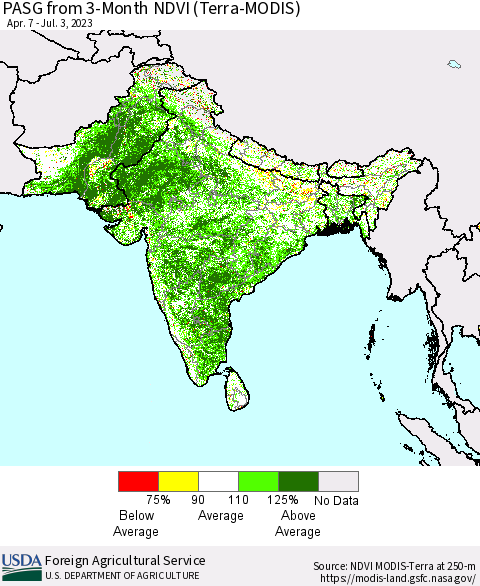 Southern Asia PASG from 3-Month NDVI (Terra-MODIS) Thematic Map For 7/1/2023 - 7/10/2023