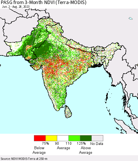 Southern Asia PASG from 3-Month NDVI (Terra-MODIS) Thematic Map For 8/21/2023 - 8/28/2023
