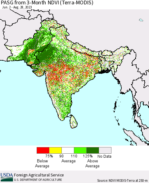 Southern Asia PASG from 3-Month NDVI (Terra-MODIS) Thematic Map For 8/21/2023 - 8/31/2023