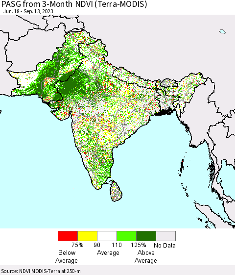 Southern Asia PASG from 3-Month NDVI (Terra-MODIS) Thematic Map For 9/6/2023 - 9/13/2023