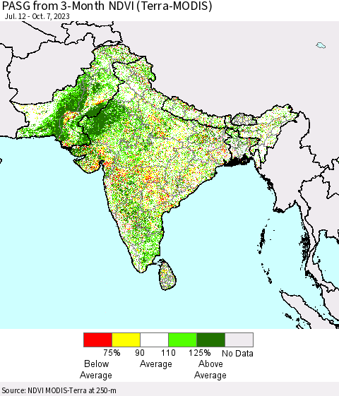 Southern Asia PASG from 3-Month NDVI (Terra-MODIS) Thematic Map For 9/30/2023 - 10/7/2023