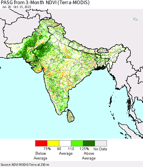 Southern Asia PASG from 3-Month NDVI (Terra-MODIS) Thematic Map For 10/8/2023 - 10/15/2023