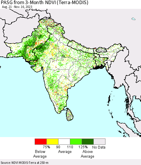 Southern Asia PASG from 3-Month NDVI (Terra-MODIS) Thematic Map For 11/9/2023 - 11/16/2023