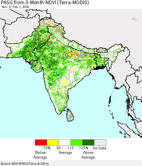 Southern Asia PASG from 3-Month NDVI (Terra-MODIS) Thematic Map For 1/25/2024 - 2/1/2024