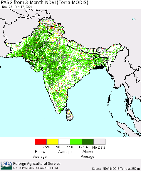 Southern Asia PASG from 3-Month NDVI (Terra-MODIS) Thematic Map For 2/10/2024 - 2/17/2024