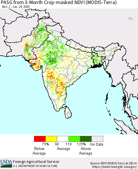 Southern Asia PASG from 3-Month Cropland NDVI (Terra-MODIS) Thematic Map For 1/21/2019 - 1/31/2019