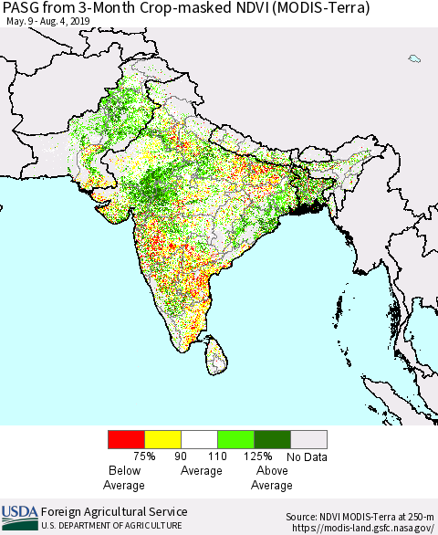 Southern Asia PASG from 3-Month Cropland NDVI (Terra-MODIS) Thematic Map For 8/1/2019 - 8/10/2019