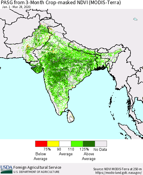 Southern Asia PASG from 3-Month Cropland NDVI (Terra-MODIS) Thematic Map For 3/21/2020 - 3/31/2020