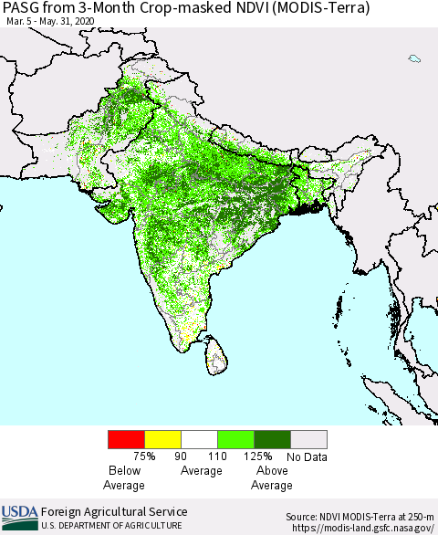 Southern Asia PASG from 3-Month Cropland NDVI (Terra-MODIS) Thematic Map For 5/21/2020 - 5/31/2020