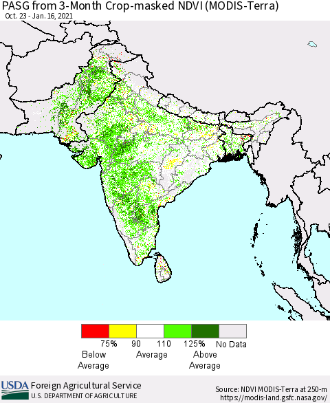 Southern Asia PASG from 3-Month Cropland NDVI (Terra-MODIS) Thematic Map For 1/11/2021 - 1/20/2021