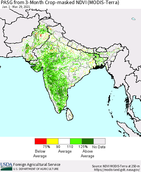 Southern Asia PASG from 3-Month Cropland NDVI (Terra-MODIS) Thematic Map For 3/21/2021 - 3/31/2021