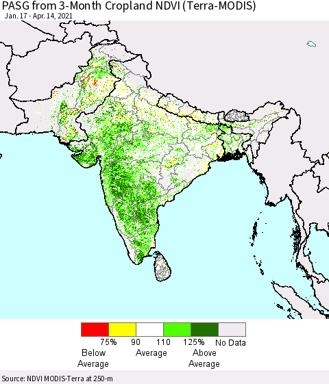 Southern Asia PASG from 3-Month Cropland NDVI (Terra-MODIS) Thematic Map For 4/7/2021 - 4/14/2021