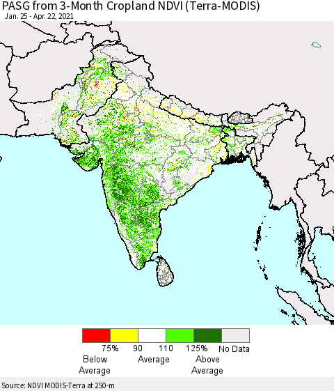 Southern Asia PASG from 3-Month Cropland NDVI (Terra-MODIS) Thematic Map For 4/15/2021 - 4/22/2021