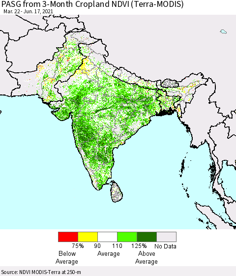 Southern Asia PASG from 3-Month Cropland NDVI (Terra-MODIS) Thematic Map For 6/10/2021 - 6/17/2021