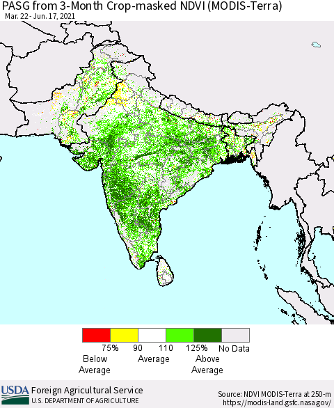 Southern Asia PASG from 3-Month Cropland NDVI (Terra-MODIS) Thematic Map For 6/11/2021 - 6/20/2021